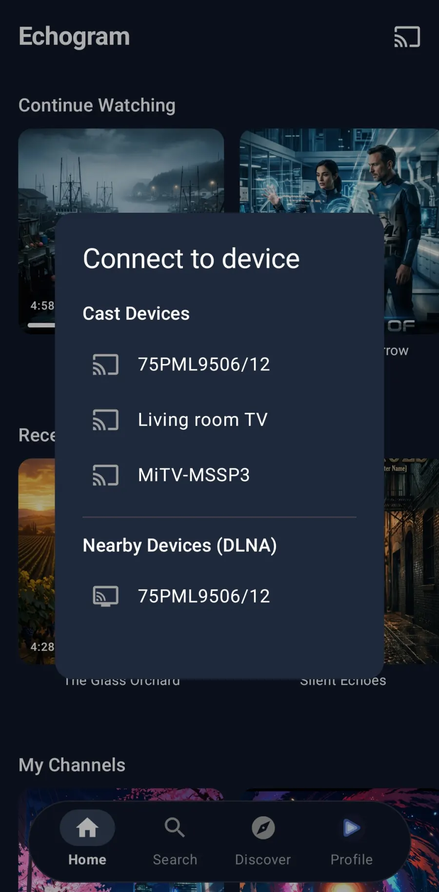 Echogram Connect to device sheet listing Chromecast and DLNA televisions