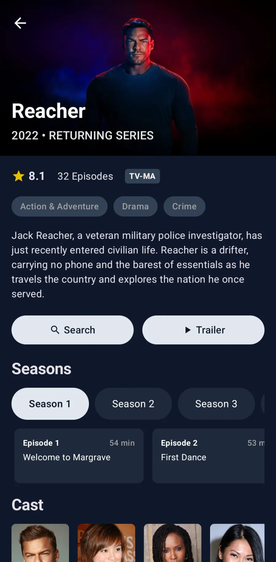Echogram Discover detail for a TV show with rating, episode count, seasons and cast