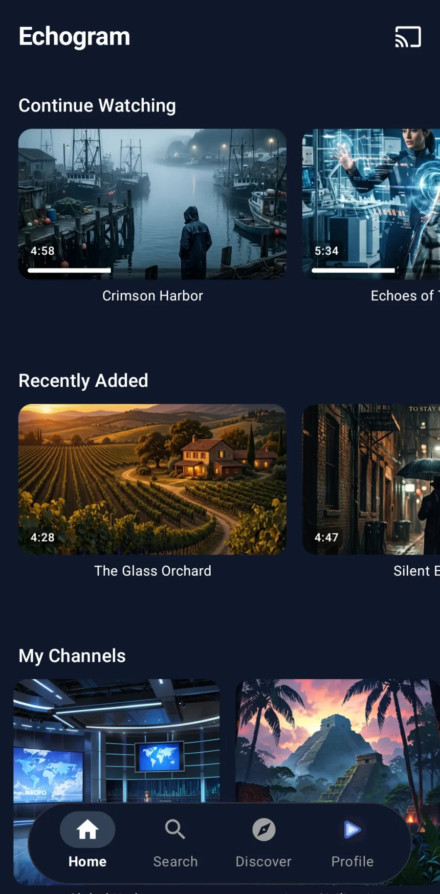 Echogram home screen with Continue Watching and Recently Added rows of Telegram videos