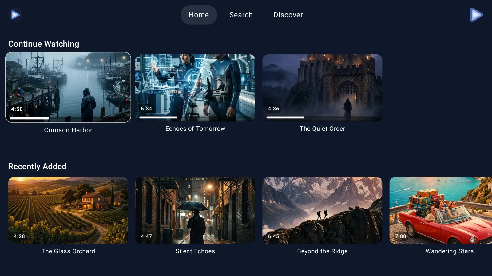 Echogram on a television showing Continue Watching and Recently Added rows